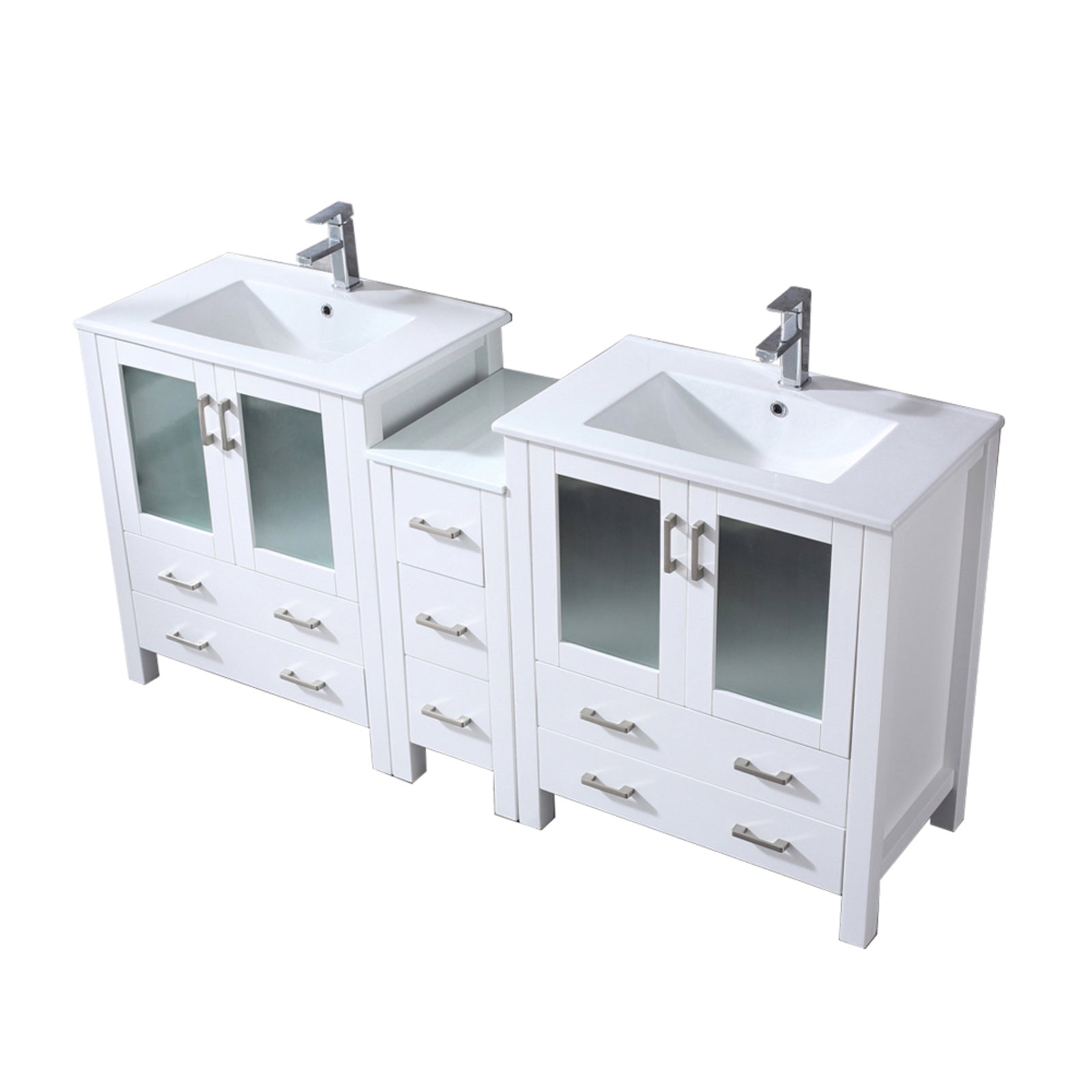 White Double Bath Vanity 72 in. W x 18.25 in. D, with Side Cabinet, White Ceramic Top, and Faucet Set