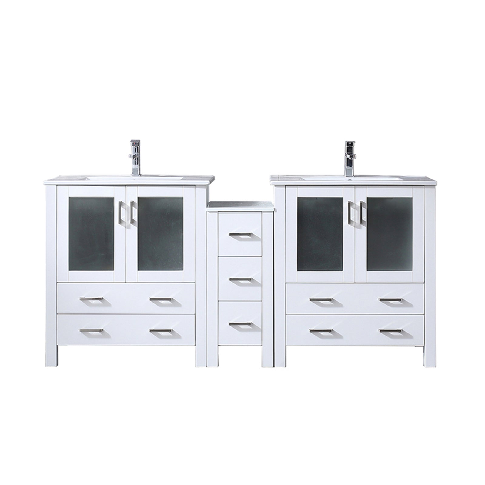 White Double Bath Vanity 72 in. W x 18.25 in. D, with Side Cabinet, White Ceramic Top, and Faucet Set