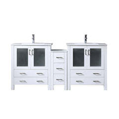 White Double Bath Vanity 72 in. W x 18.25 in. D, with Side Cabinet, White Ceramic Top, and Faucet Set