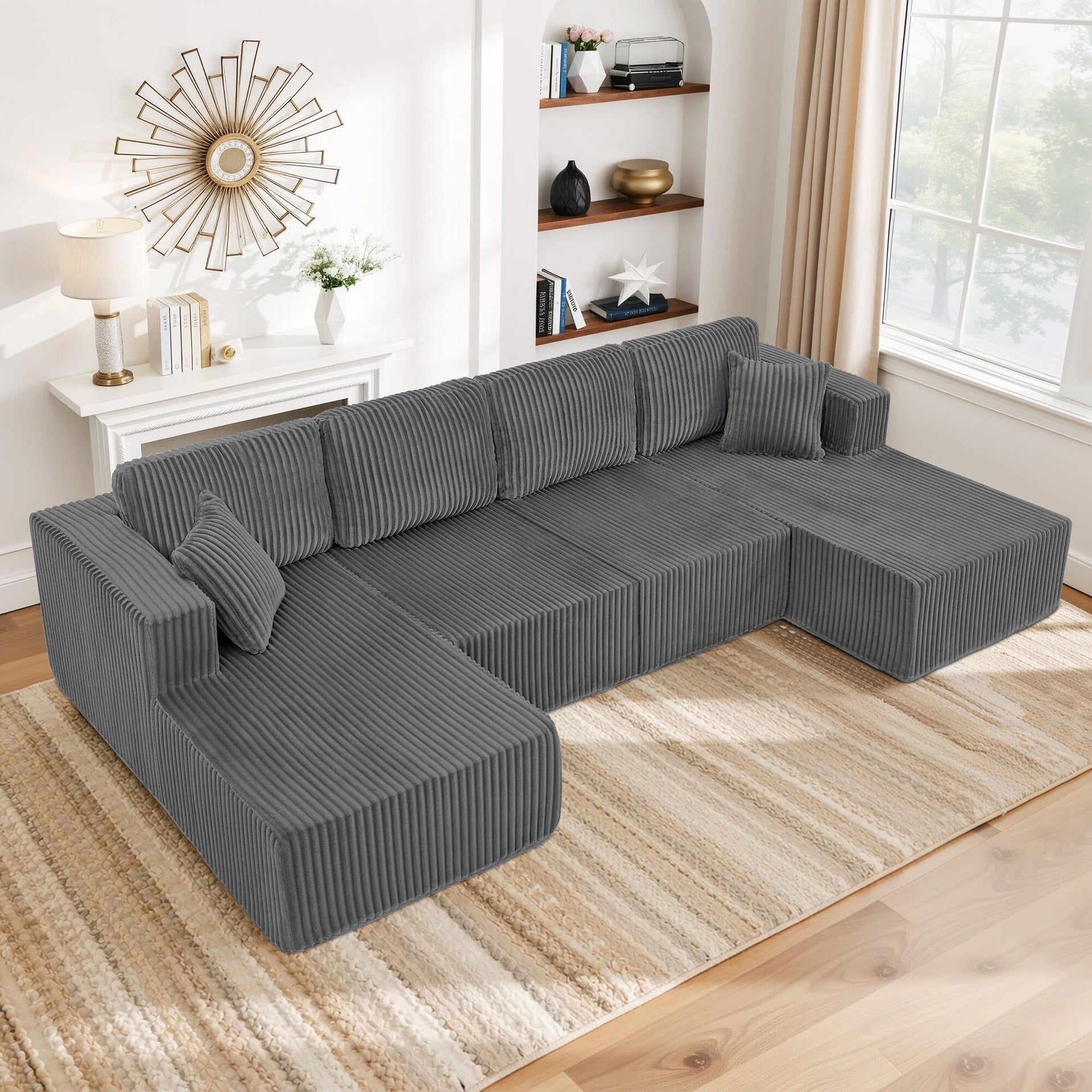 U-Shaped Modular Sectional Sofa [SIZE UPGRADED], Modern Minimalist Corduroy Compressed Sleeper Couch, Extra Spacious Design for Living Room/Bedroom, Comfy Space-Saving Sofa-Dark Gray