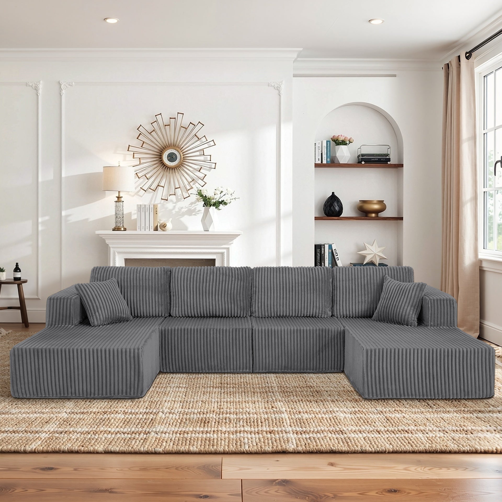 U-Shaped Modular Sectional Sofa [SIZE UPGRADED], Modern Minimalist Corduroy Compressed Sleeper Couch, Extra Spacious Design for Living Room/Bedroom, Comfy Space-Saving Sofa-Dark Gray