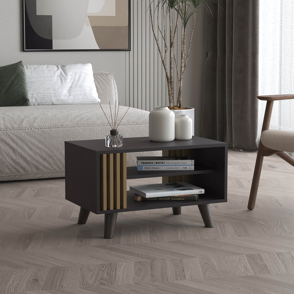 Shawnee Coffee Table With Open Storage Shelf, Living Room Center Table, Black/ Natural Oak
