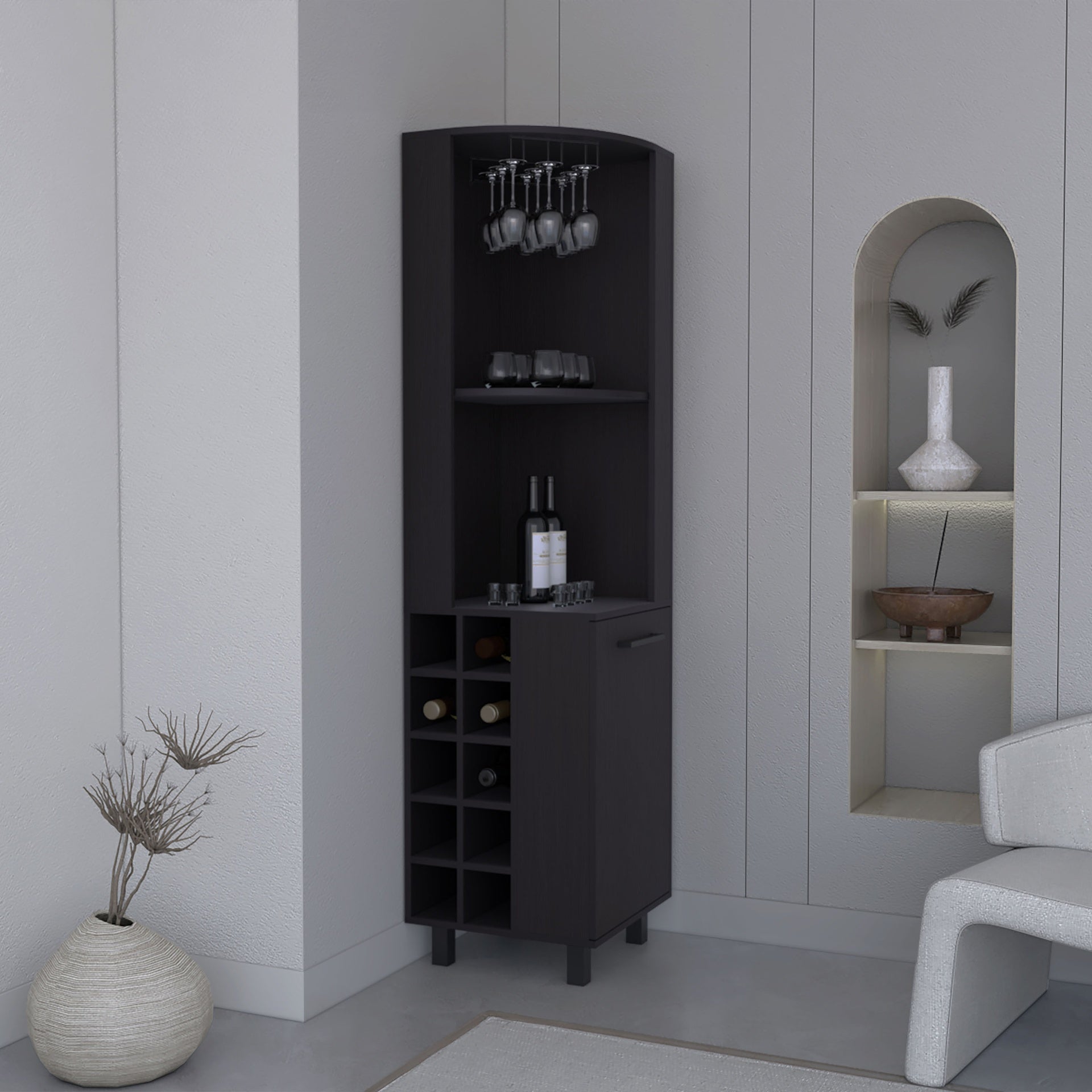 Kaia 70" Tall Corner Bar Cabinet With Four Shelves, Ten Wine Bottle Cubbies and Stemware in Black Wengue