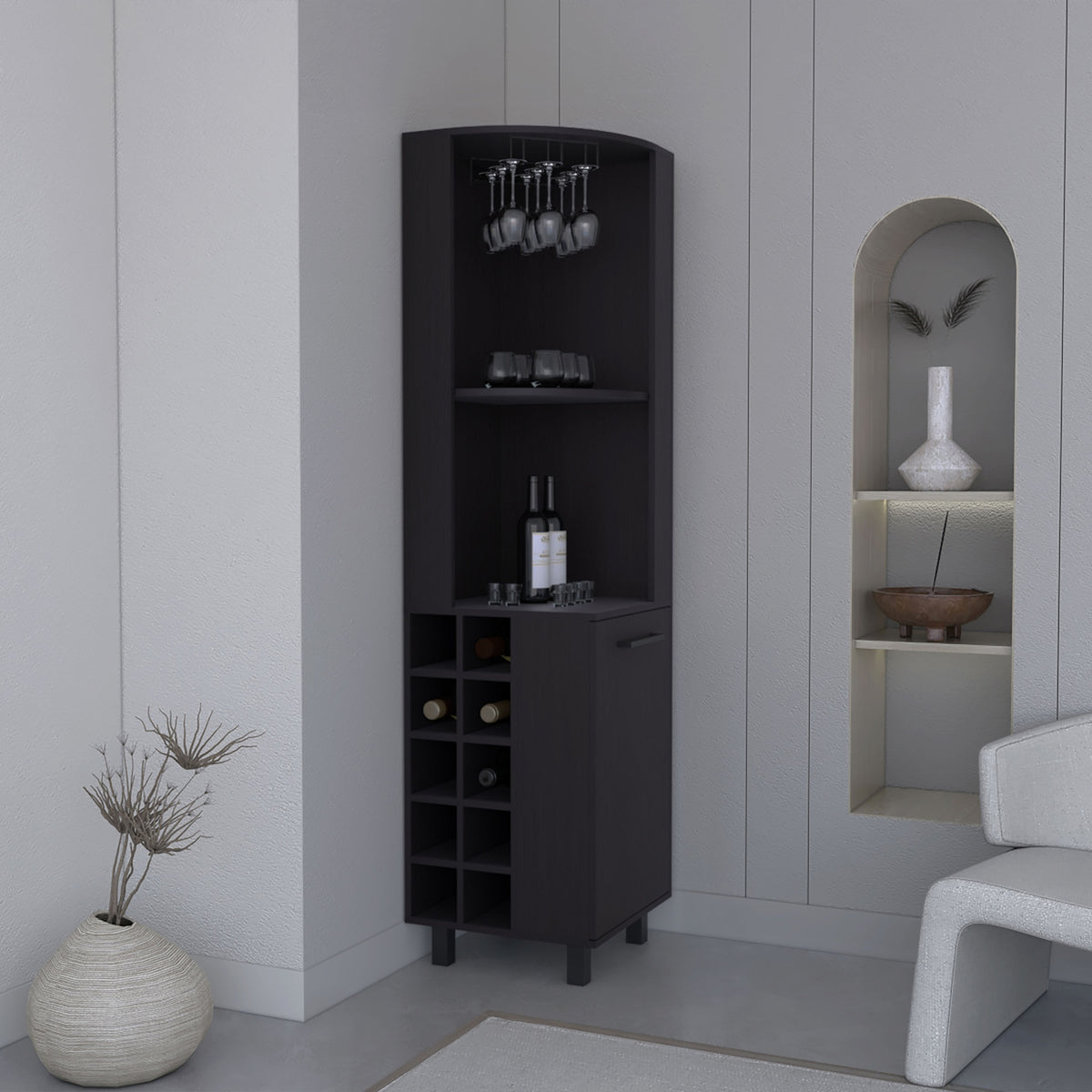 Kaia 70" Tall Corner Bar Cabinet With Four Shelves, Ten Wine Bottle Cubbies and Stemware in Black Wengue