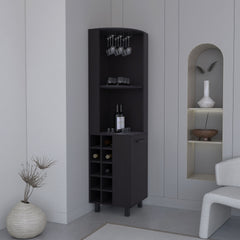 Kaia 70" Tall Corner Bar Cabinet With Four Shelves, Ten Wine Bottle Cubbies and Stemware in Black Wengue