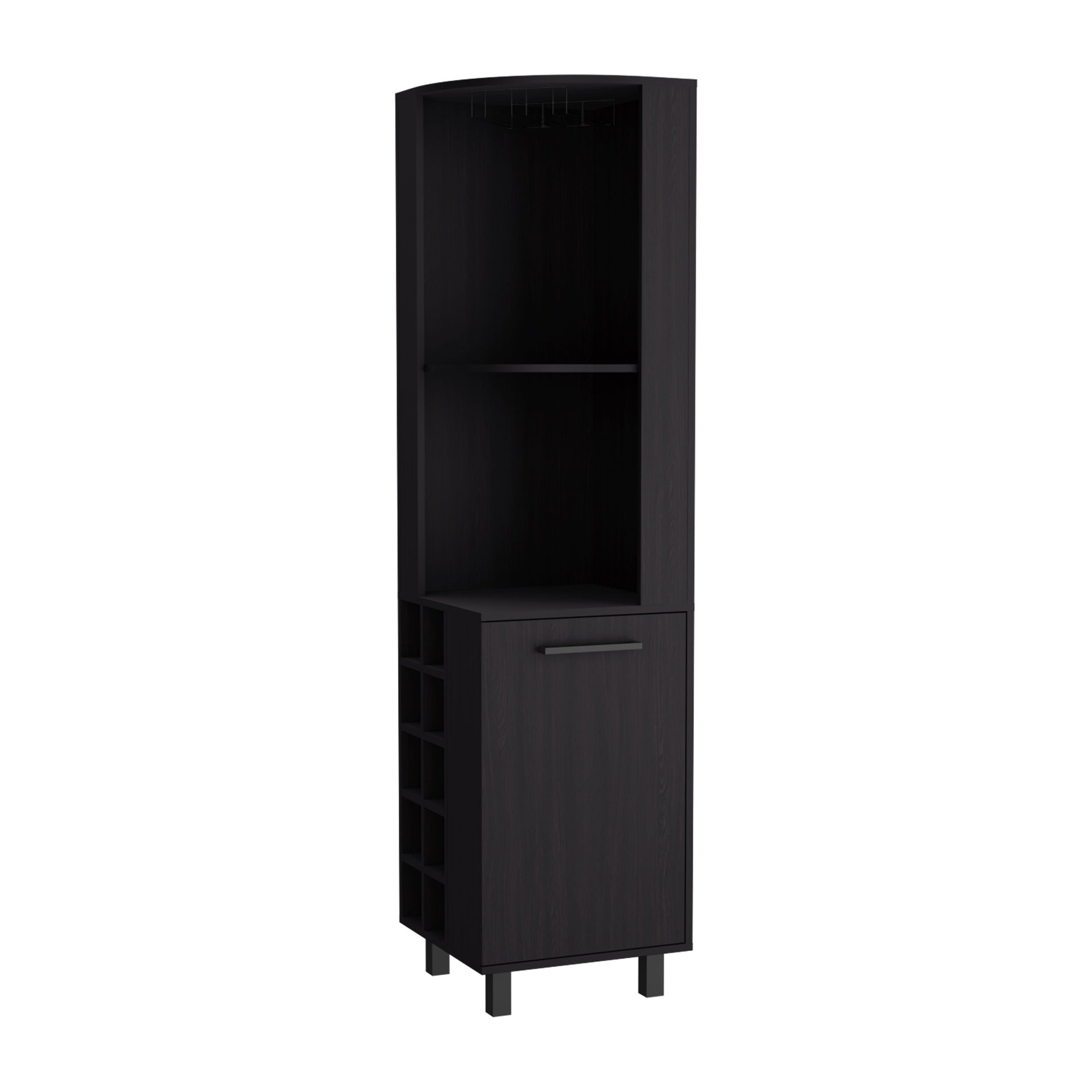 Kaia 70" Tall Corner Bar Cabinet With Four Shelves, Ten Wine Bottle Cubbies and Stemware in Black Wengue