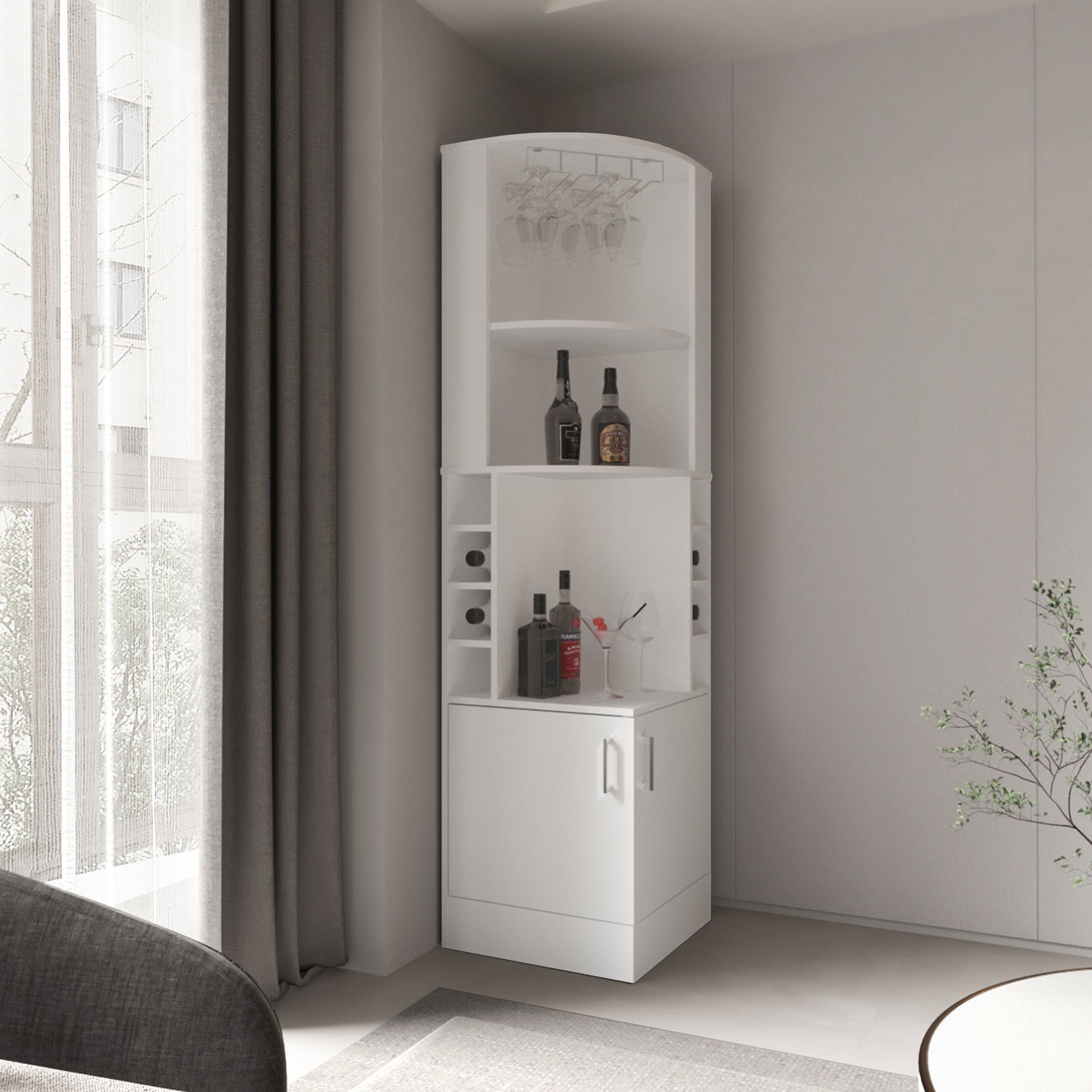 Kava Being Corner Bar Cabinet, Glass Rack, Double Door Cabinet, Eight Built-In Wine Rack, White