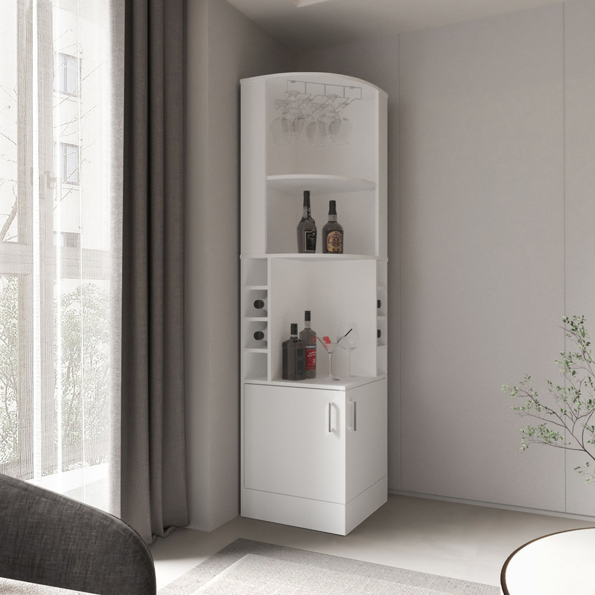 Kava Being Corner Bar Cabinet, Glass Rack, Double Door Cabinet, Eight Built-In Wine Rack, White