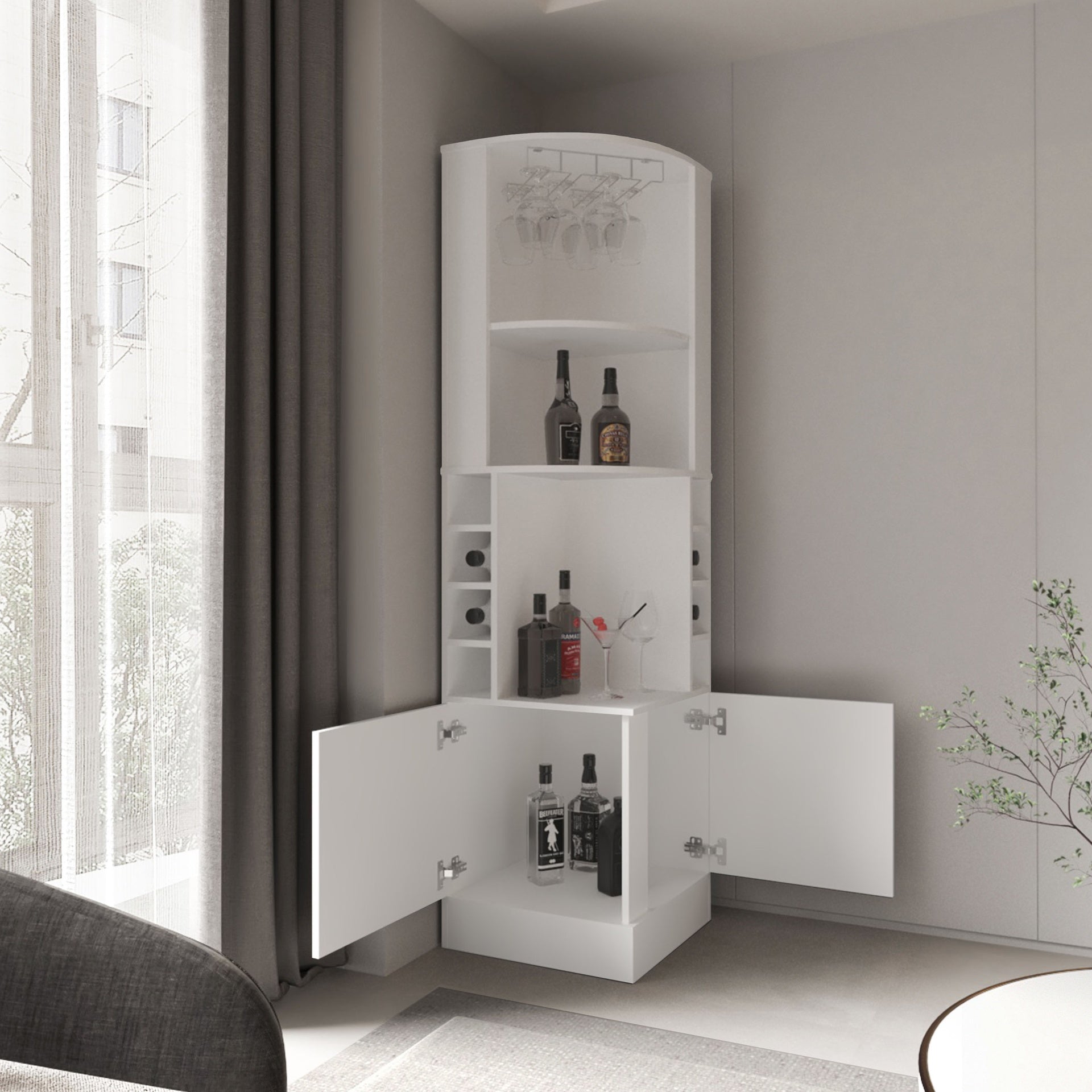 Kava Being Corner Bar Cabinet, Glass Rack, Double Door Cabinet, Eight Built-In Wine Rack, White