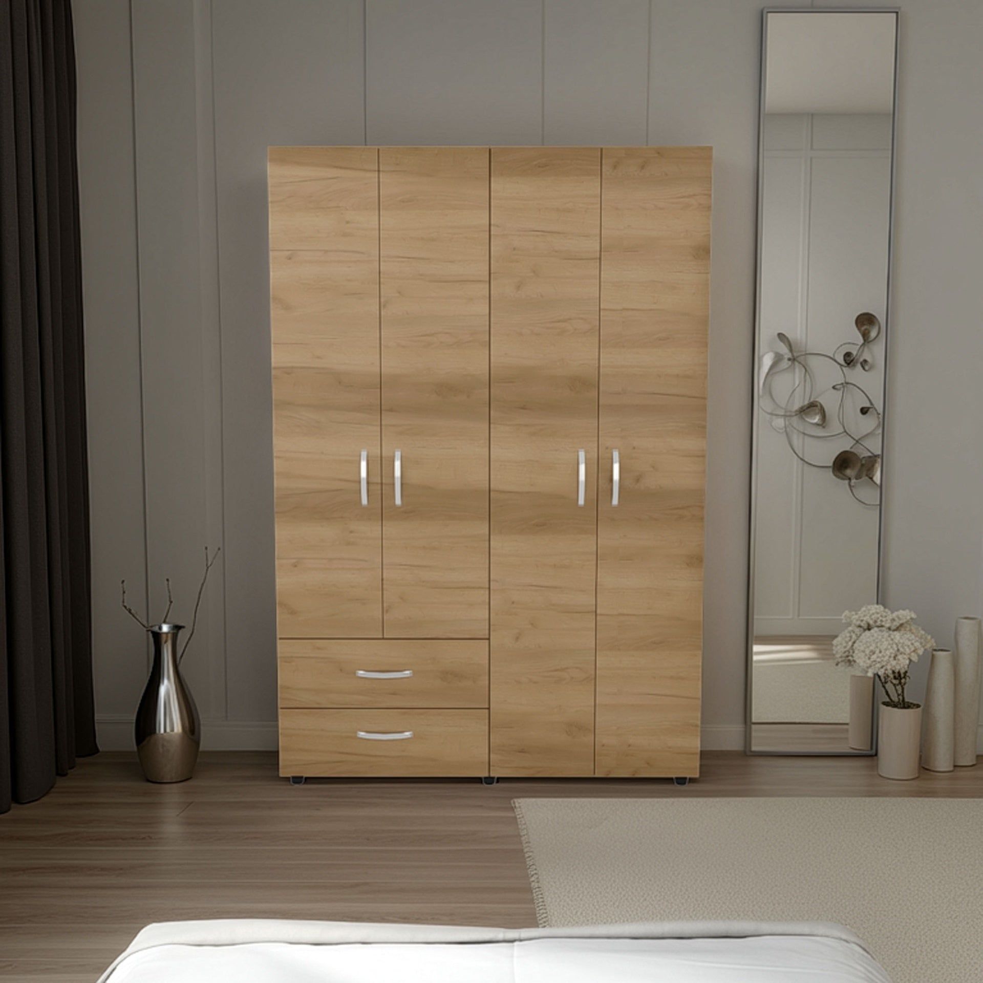 Ankora Armoire with 4 Doors, 2 Drawers, And 2 Hanging Rod, Storage Cabinet for Living Room, Bedroom, or Entryway, Natural Oak