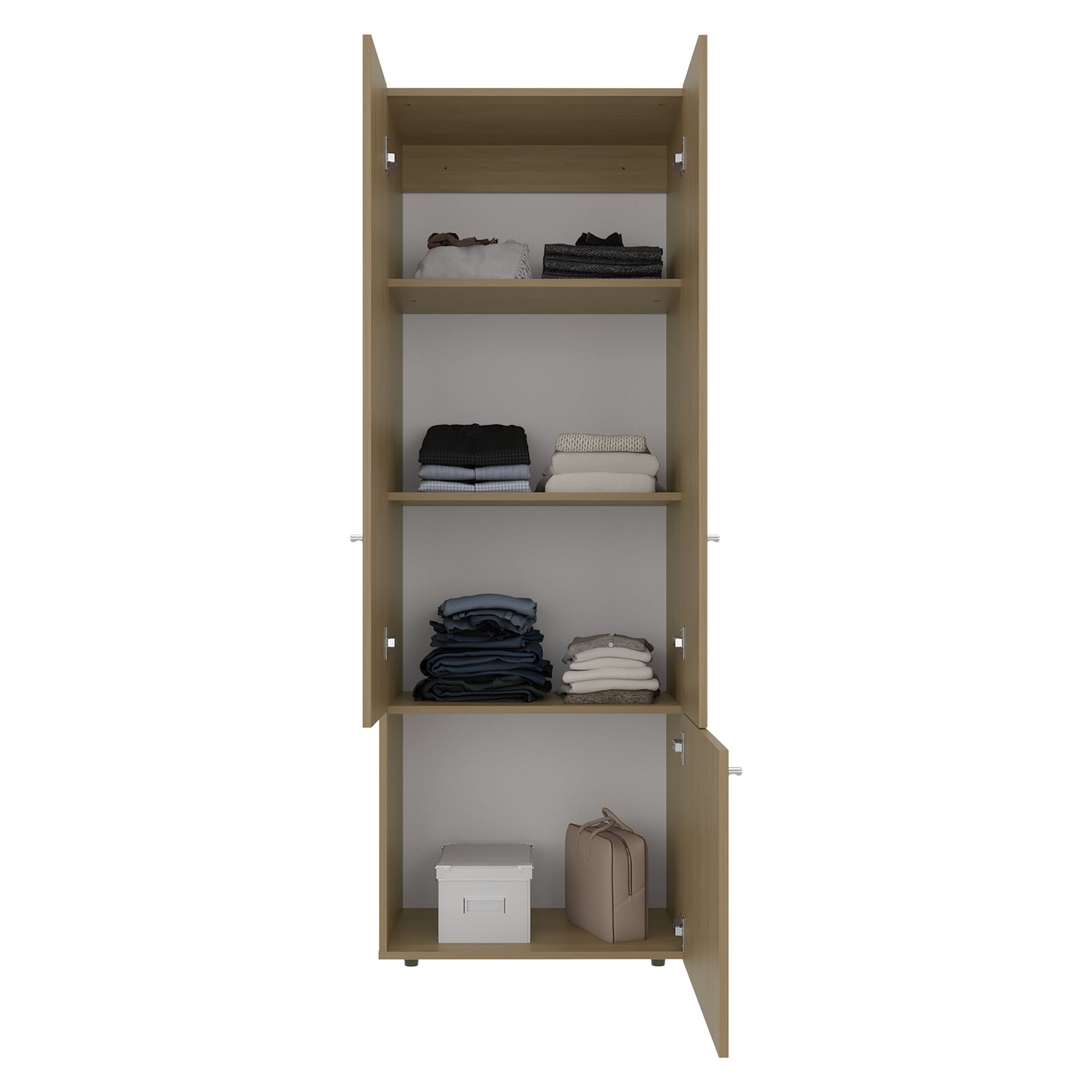 Home 3 Door Closet System with Hanging Rod for clothes and interior Shelves, Manufactured Wood Freestanding Bedroom Storage, Utility Room or Laundry Room Furniture, Natural Oak
