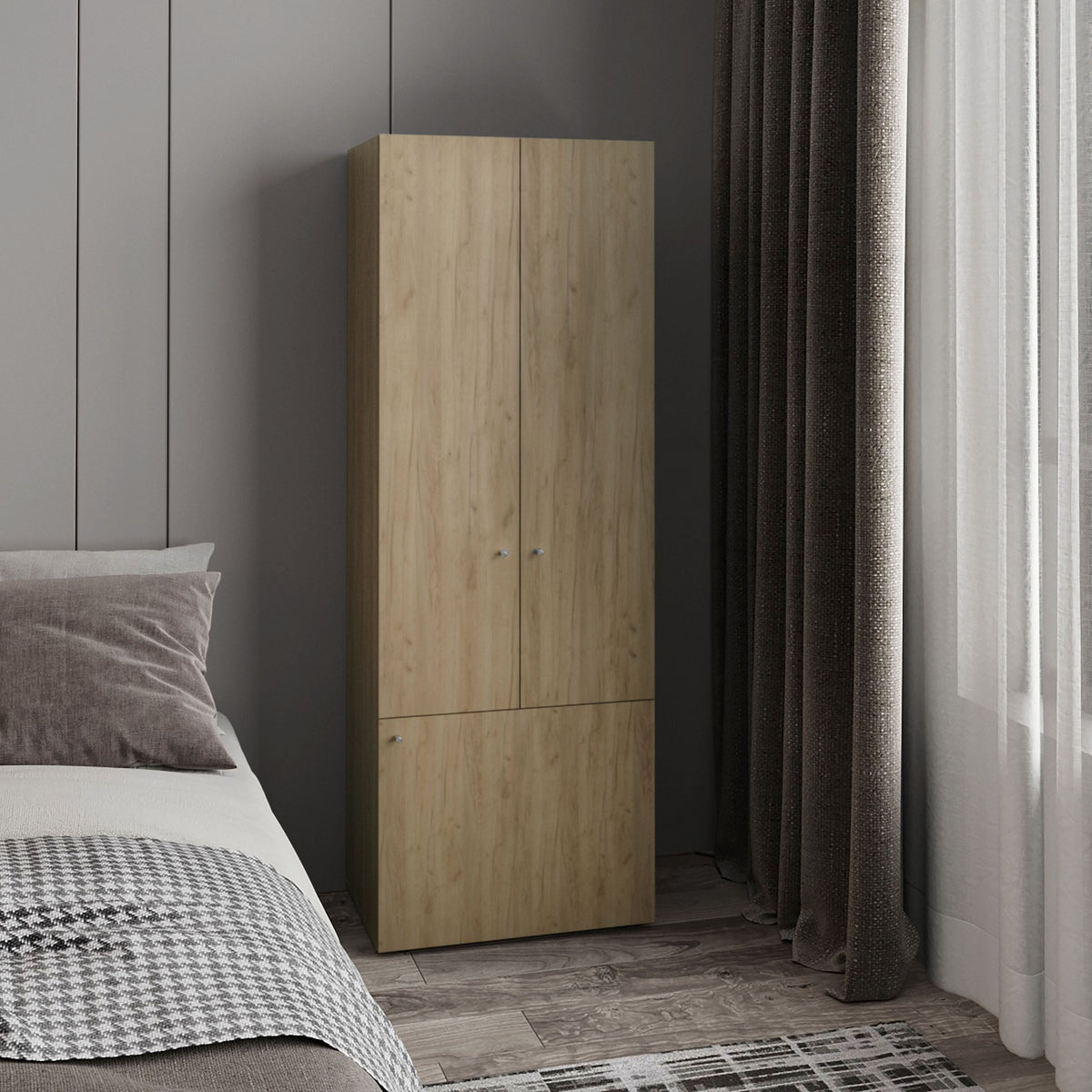 Home 3 Door Closet System with Hanging Rod for clothes and interior Shelves, Manufactured Wood Freestanding Bedroom Storage, Utility Room or Laundry Room Furniture, Natural Oak