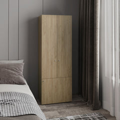 Home 3 Door Closet System with Hanging Rod for clothes and interior Shelves, Manufactured Wood Freestanding Bedroom Storage, Utility Room or Laundry Room Furniture, Natural Oak
