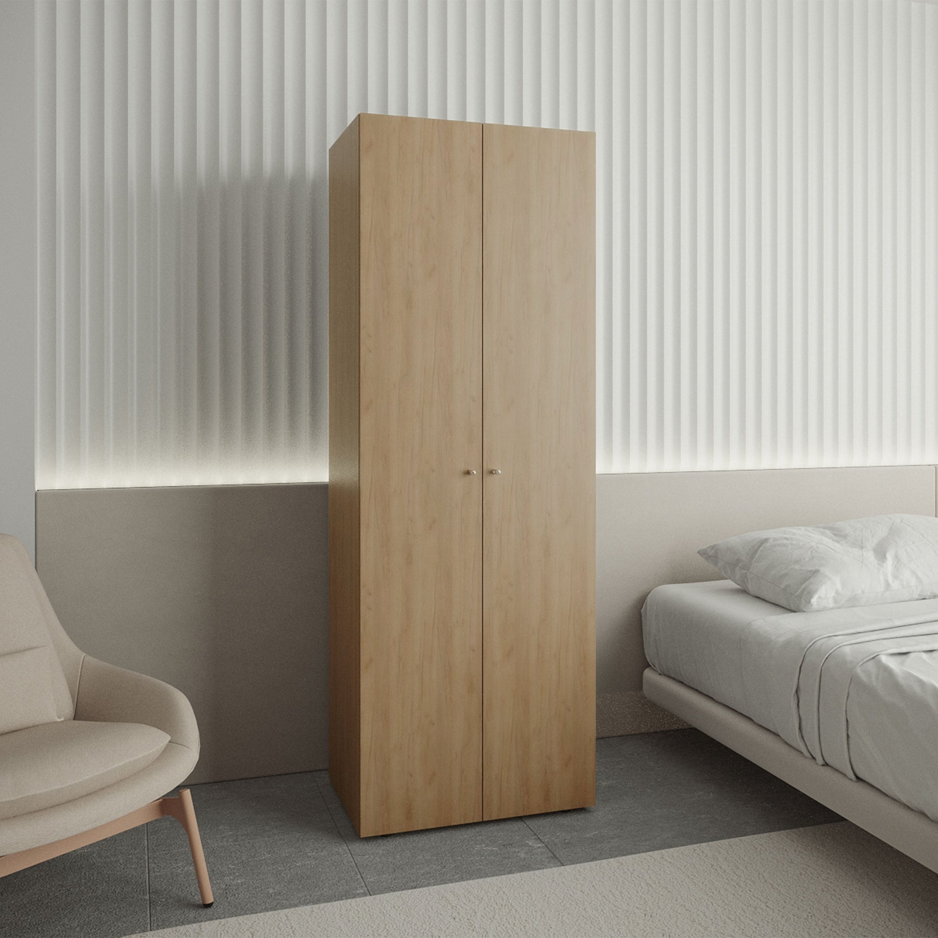 Home 3 Door Closet System with Hanging Rod for clothes and interior Shelves, Manufactured Wood Freestanding Bedroom Storage, Utility Room or Laundry Room Furniture, Natural Oak