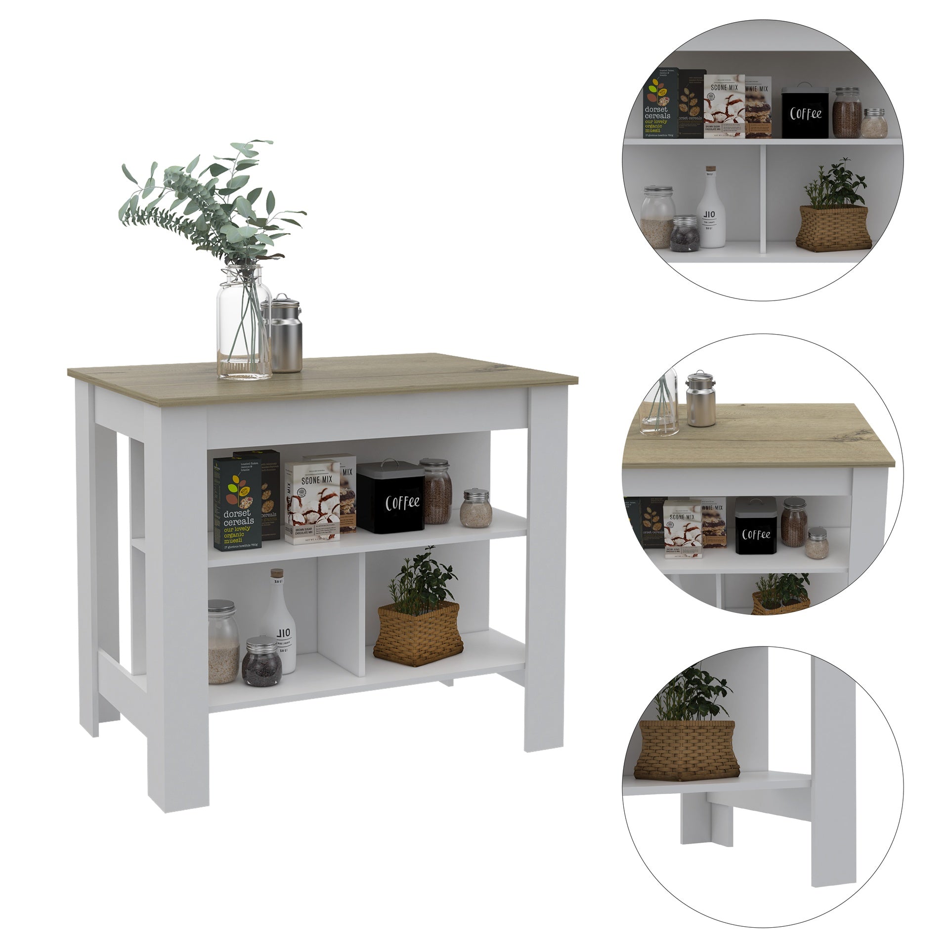 Cala Kitchen Island Antibacterial, Three Shelves, Four Legs  -Light Oak / White