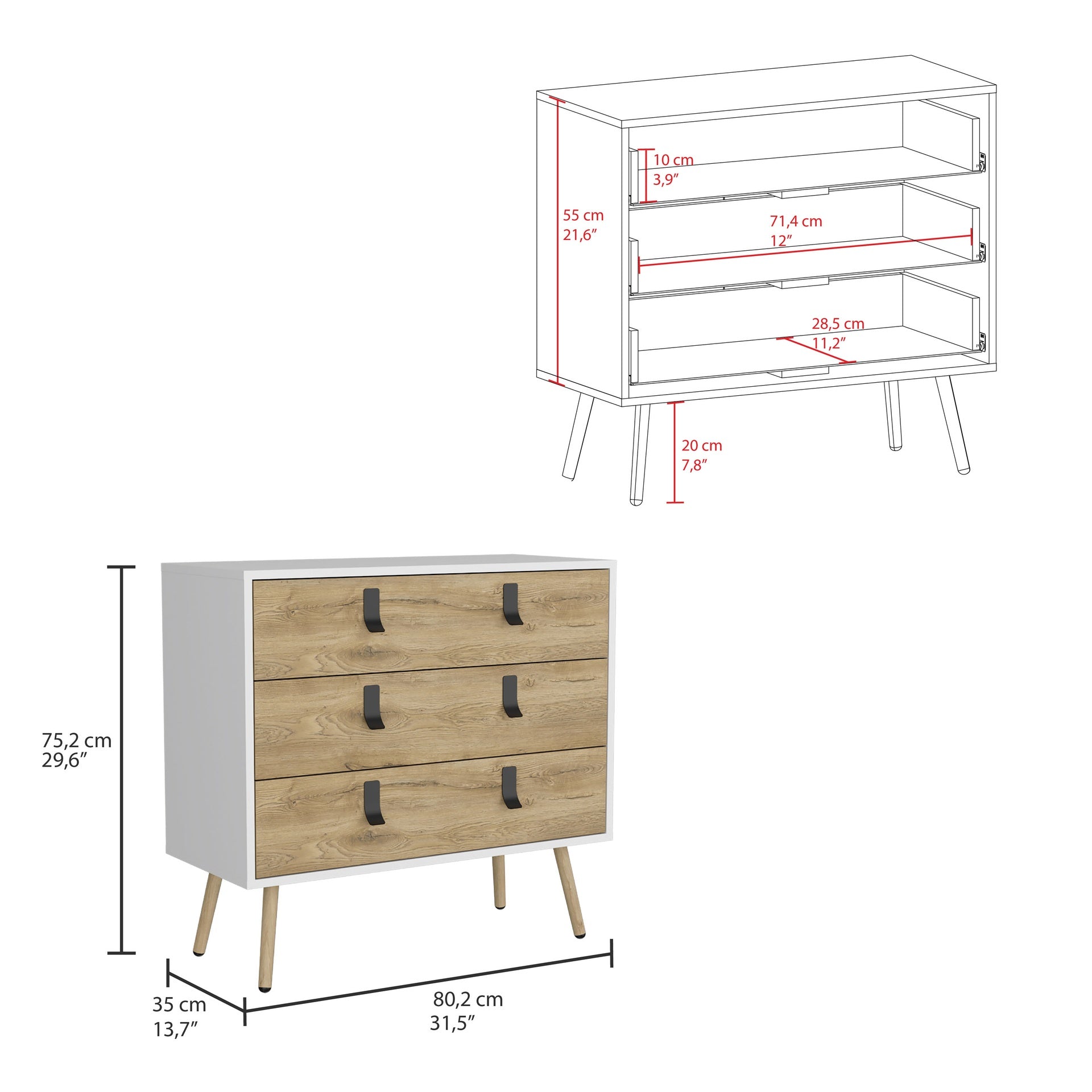 Huna Dresser, Modern 3-Drawer Unit with Handles
