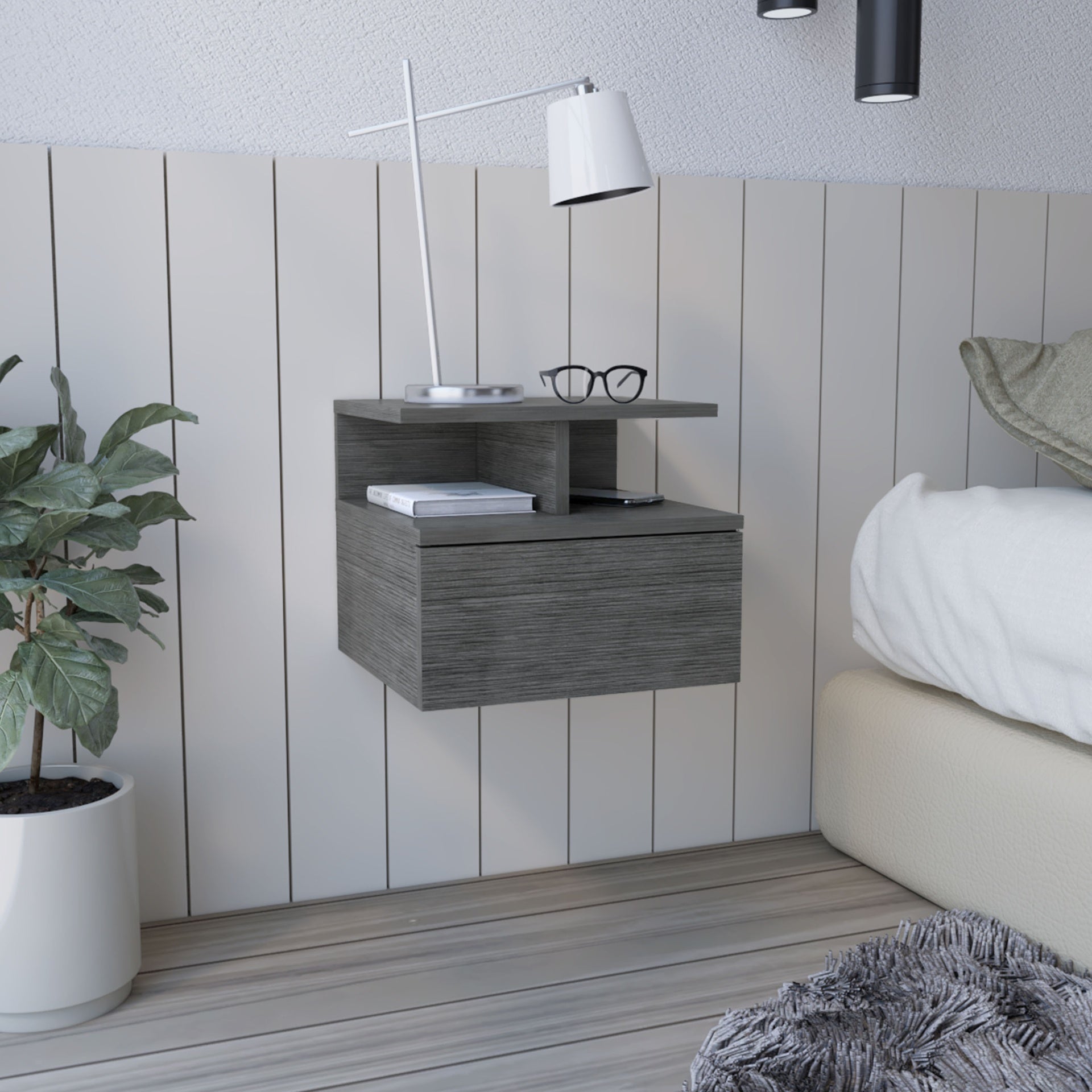 Adele Floating Nightstand with Drawer and Open Storage Shelves