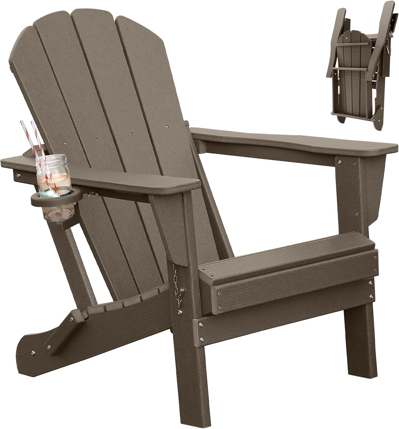 Adirondack Chair, Plastic Adirondack Chairs, HDPE Adirondack Chair, Folding Adirondack Chairs,Outdoor Chairs with Cup Holder for Lawn Patio Deck Fire Pit -Brown