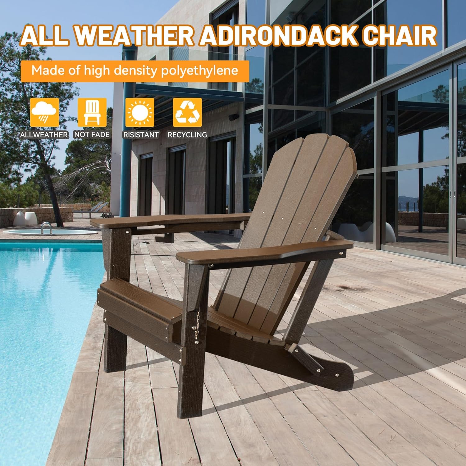 Adirondack Chair, Plastic Adirondack Chairs, HDPE Adirondack Chair, Folding Adirondack Chairs,Outdoor Chairs with Cup Holder for Lawn Patio Deck Fire Pit -Brown