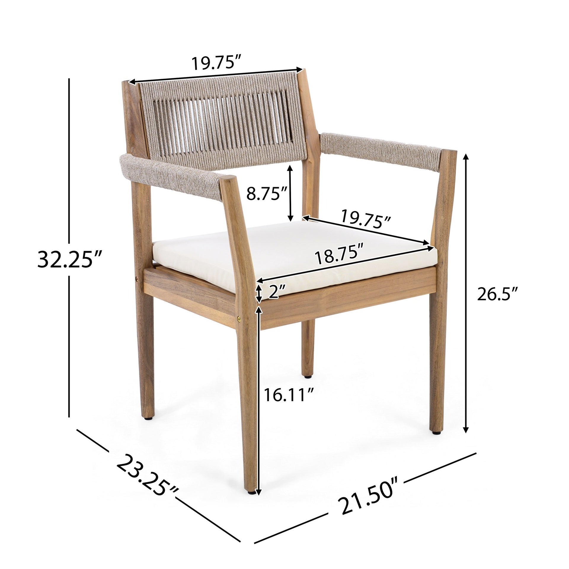 Braided Acacia Wood Outdoor Dining Chairs Set of 2 – Teak Look with Beige Rope & Cream Cushions, Armrests – All-Weather Patio Furniture for Garden, Poolside, and Backyard (Durable & Stylish)