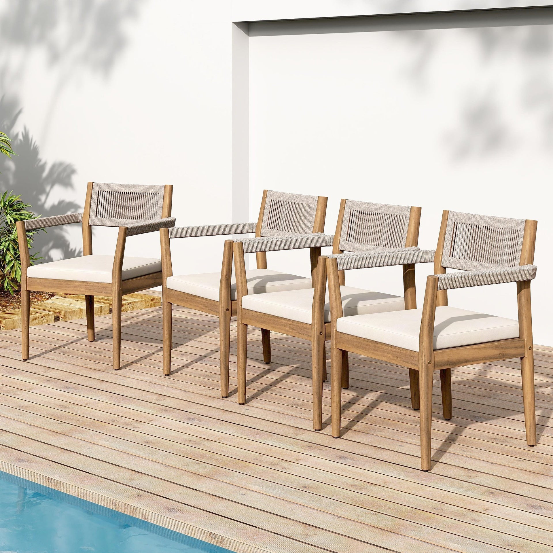 Braided Acacia Wood Outdoor Dining Chairs Set of 2 – Teak Look with Beige Rope & Cream Cushions, Armrests – All-Weather Patio Furniture for Garden, Poolside, and Backyard (Durable & Stylish)