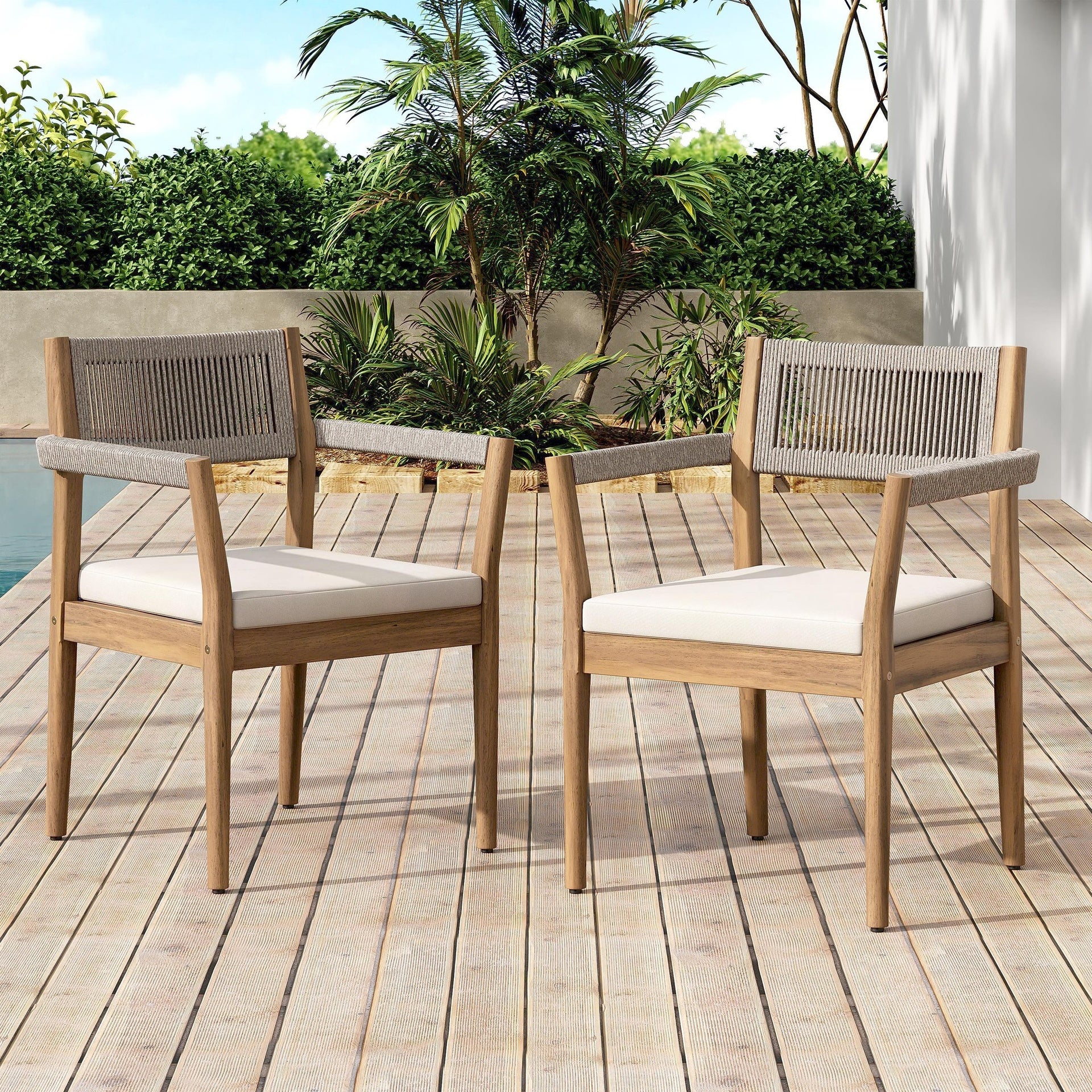 Braided Acacia Wood Outdoor Dining Chairs Set of 2 – Teak Look with Beige Rope & Cream Cushions, Armrests – All-Weather Patio Furniture for Garden, Poolside, and Backyard (Durable & Stylish)