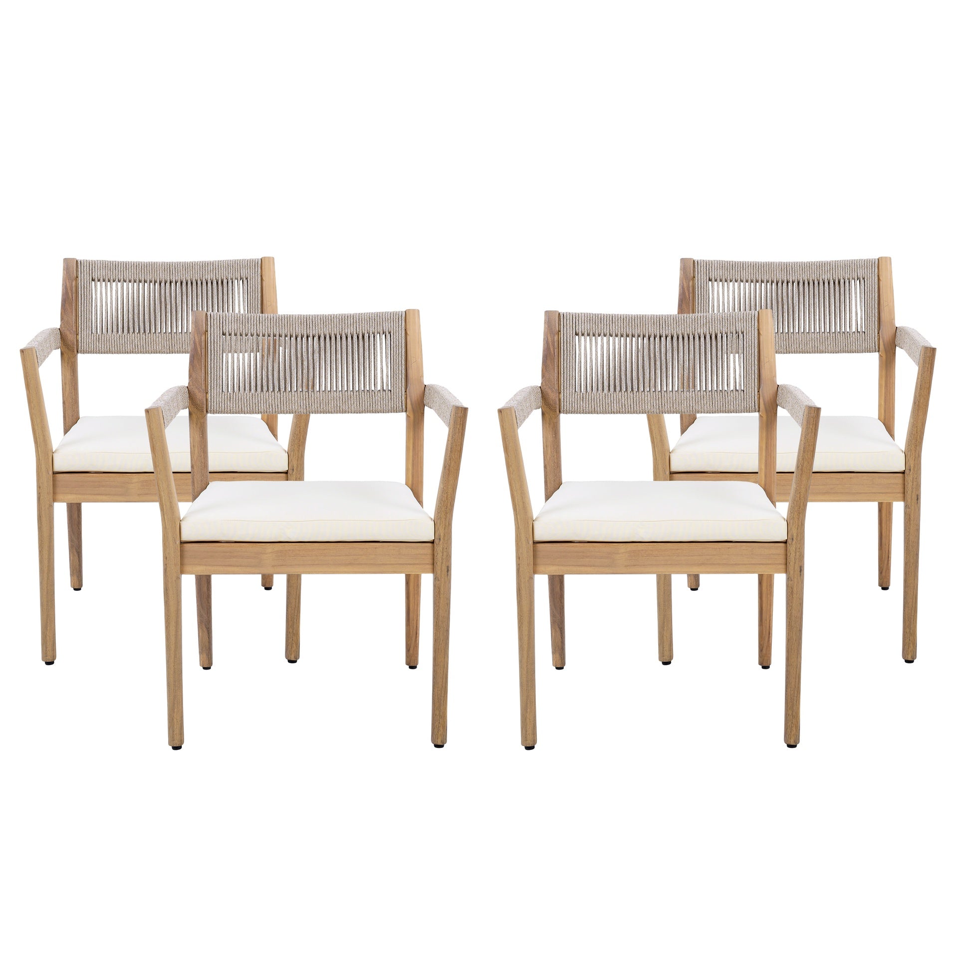Braided Acacia Wood Outdoor Dining Chairs Set of 4 – Teak Look with Beige Rope & Cream Cushions, Armrests – All-Weather Patio Furniture for Garden, Poolside, and Backyard (Durable & Stylish)