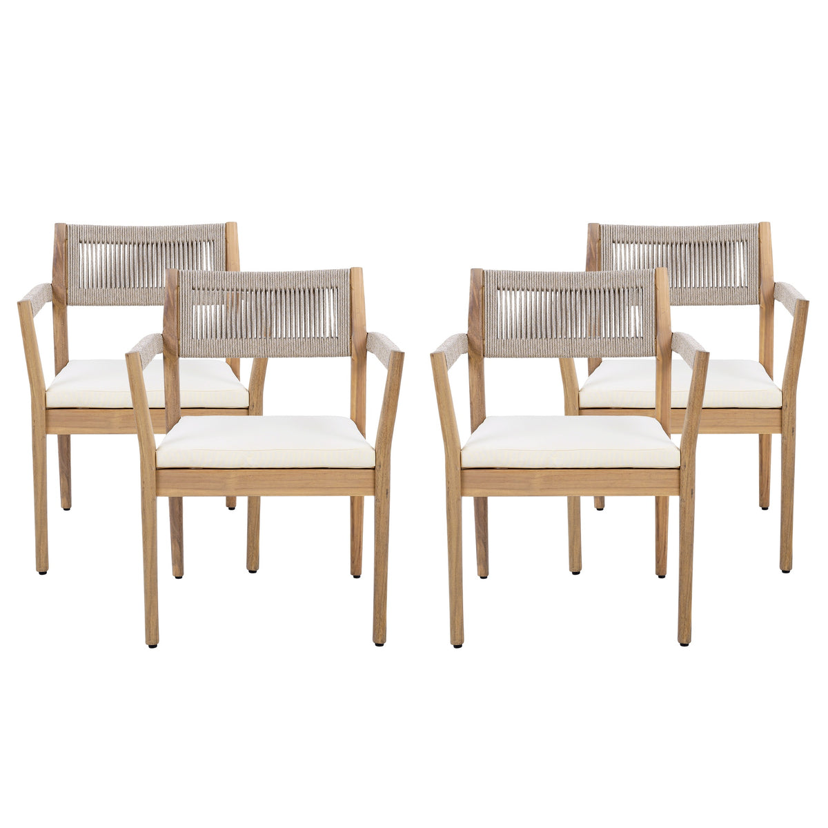 Braided Acacia Wood Outdoor Dining Chairs Set of 4 – Teak Look with Beige Rope & Cream Cushions, Armrests – All-Weather Patio Furniture for Garden, Poolside, and Backyard (Durable & Stylish)
