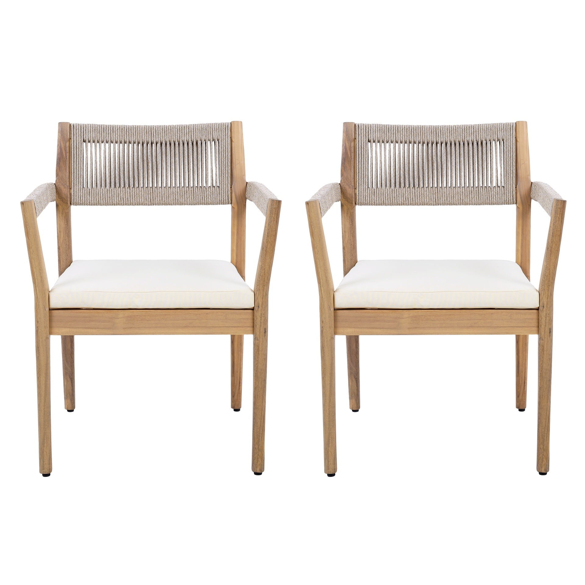 Braided Acacia Wood Outdoor Dining Chairs Set of 4 – Teak Look with Beige Rope & Cream Cushions, Armrests – All-Weather Patio Furniture for Garden, Poolside, and Backyard (Durable & Stylish)