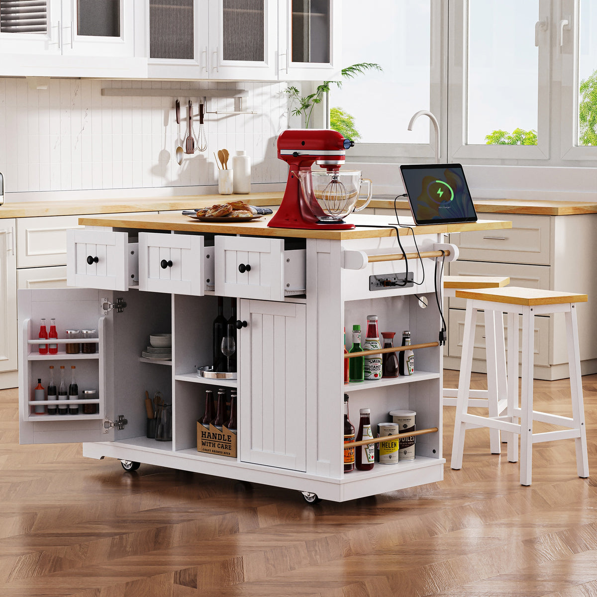 K&K 53inch Large Kitchen Island with 2 Bar Stools, Power Outlet,Door Internal Storage Rack, Kitchen Storage Cart on 5 Wheels with Drop Leaf, 5 Open Side Racks, 3 Drawers,White(Three Packages)