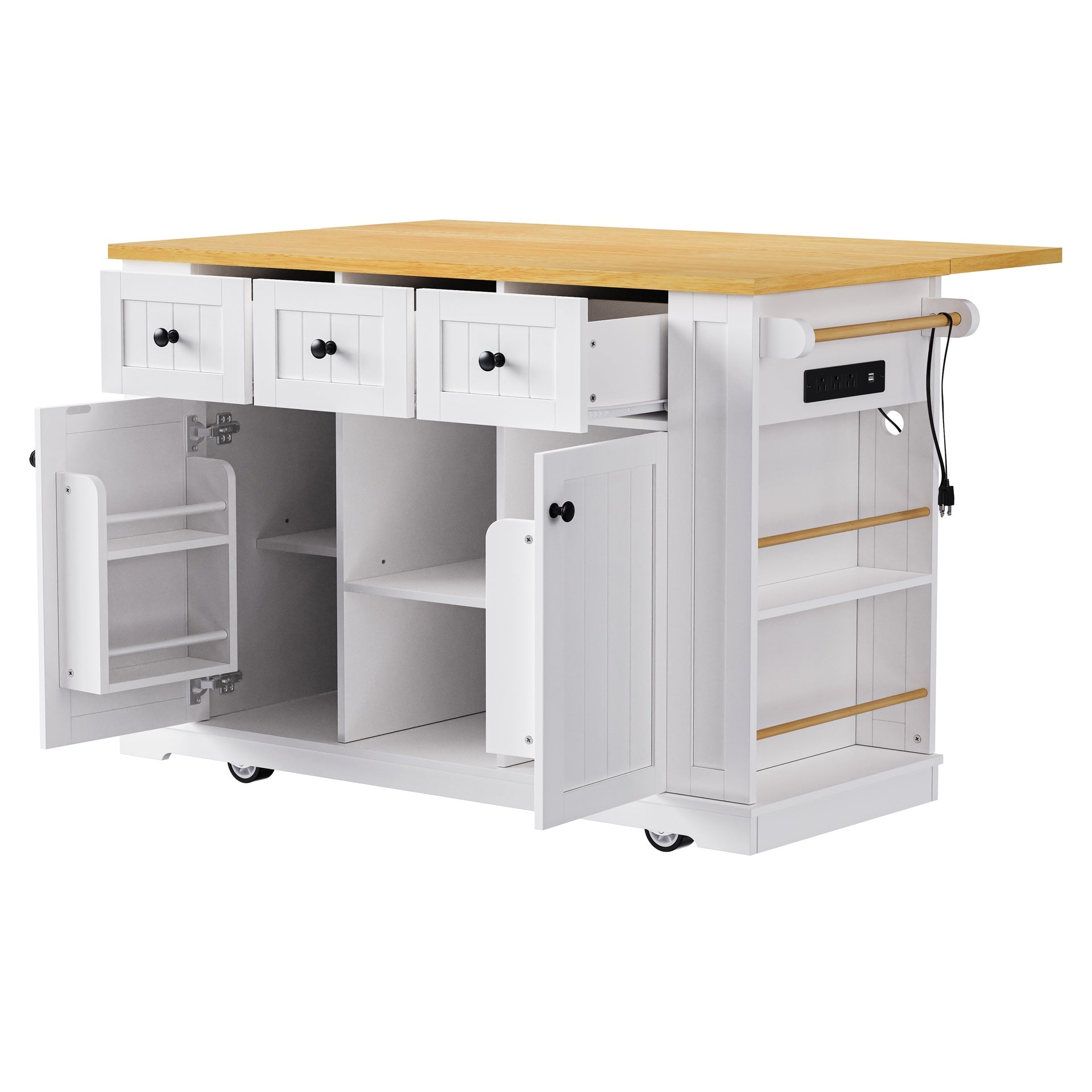 K&K 53inch Large Kitchen Island with 2 Bar Stools, Power Outlet,Door Internal Storage Rack, Kitchen Storage Cart on 5 Wheels with Drop Leaf, 5 Open Side Racks, 3 Drawers,White(Three Packages)