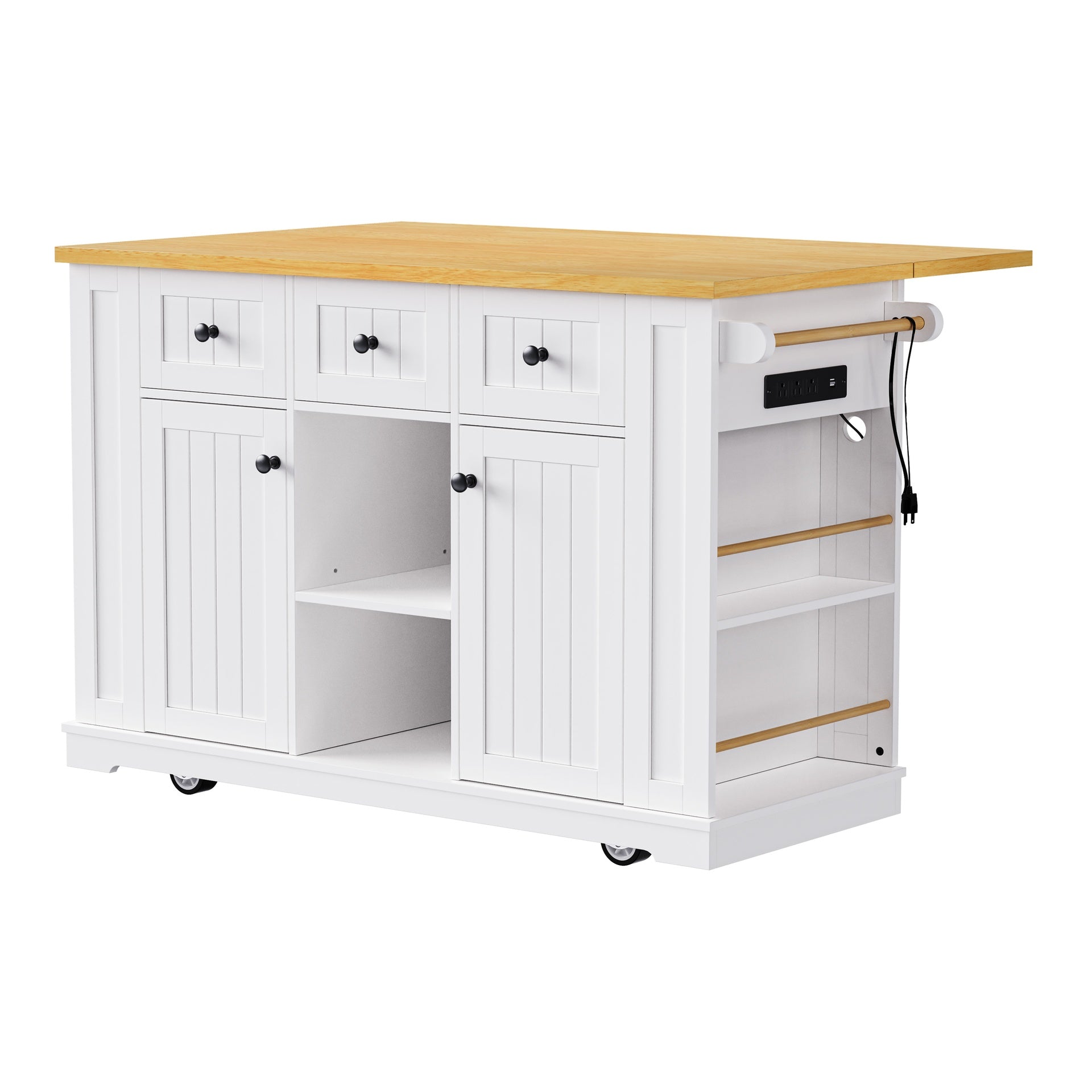 K&K 53inch Large Kitchen Island with 2 Bar Stools, Power Outlet,Door Internal Storage Rack, Kitchen Storage Cart on 5 Wheels with Drop Leaf, 5 Open Side Racks, 3 Drawers,White(Three Packages)
