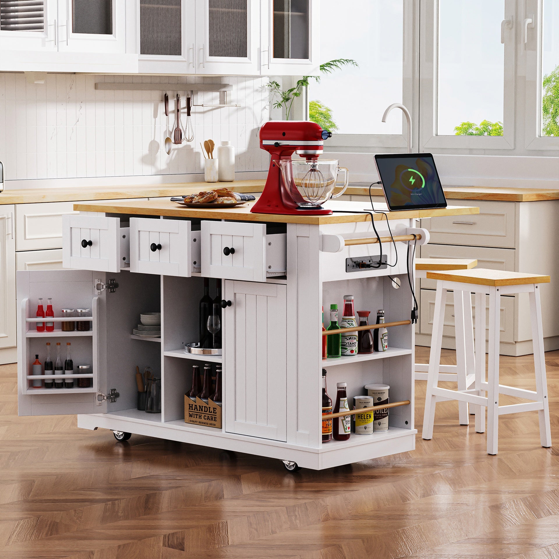 K&K 53inch Large Kitchen Island with Drop Leaf,Power Outlet,Door Internal Storage Rack,Rolling Kitchen Cart on 5 Wheels with 5 Open Side Racks for Kitchen,White (Two Packages)(Stools not included)