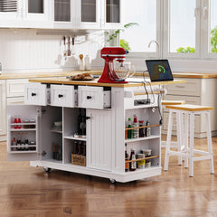 K&K 53inch Large Kitchen Island with Drop Leaf,Power Outlet,Door Internal Storage Rack,Rolling Kitchen Cart on 5 Wheels with 5 Open Side Racks for Kitchen,White (Two Packages)(Stools not included)