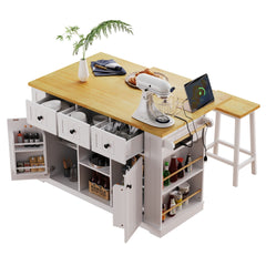 K&K 53inch Large Kitchen Island with Drop Leaf,Power Outlet,Door Internal Storage Rack,Rolling Kitchen Cart on 5 Wheels with 5 Open Side Racks for Kitchen,White (Two Packages)(Stools not included)