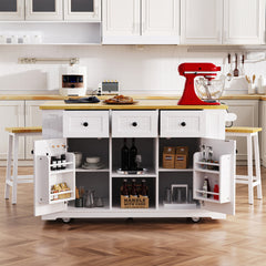 K&K 53inch Large Kitchen Island with Drop Leaf,Power Outlet,Door Internal Storage Rack,Rolling Kitchen Cart on 5 Wheels with 5 Open Side Racks for Kitchen,White (Two Packages)(Stools not included)