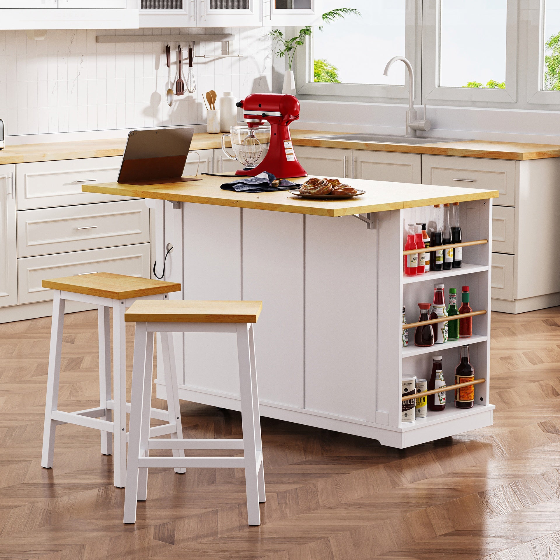 K&K 53inch Large Kitchen Island with Drop Leaf,Power Outlet,Door Internal Storage Rack,Rolling Kitchen Cart on 5 Wheels with 5 Open Side Racks for Kitchen,White (Two Packages)(Stools not included)