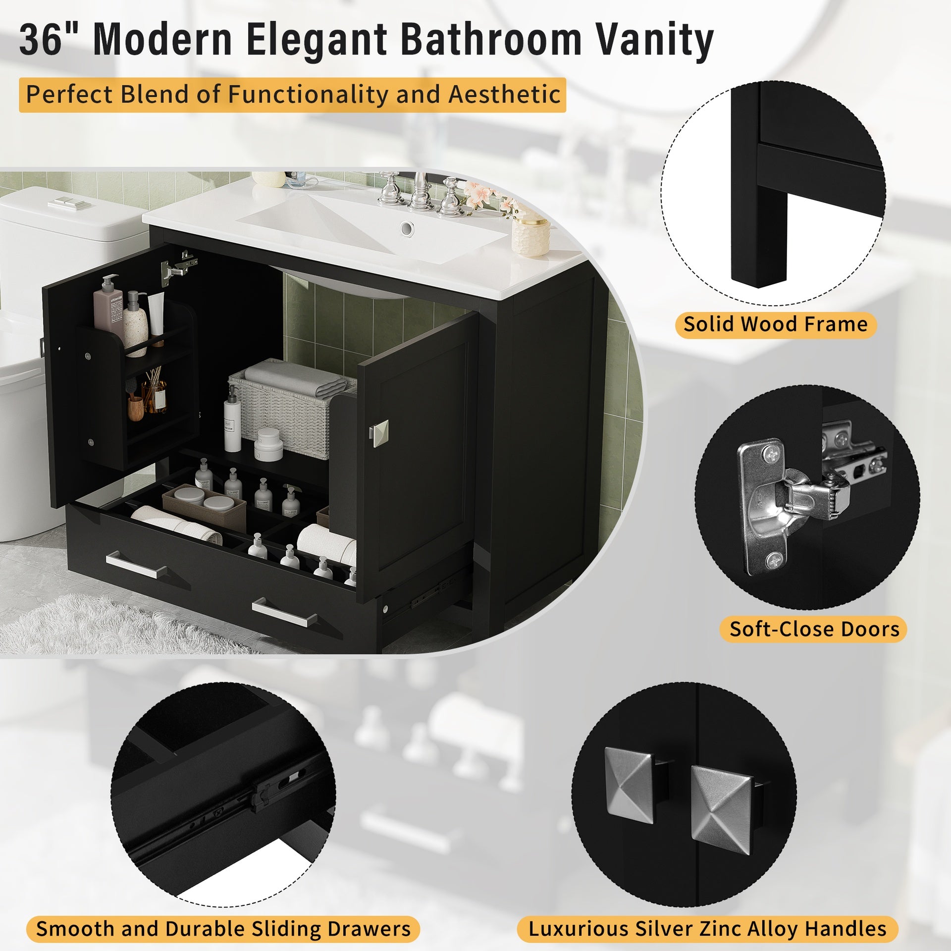 36" Black Bathroom Vanity with Ceramic Sink, Soft-Close Doors, Double Storage Shelves & Divided Drawer – Modern Bathroom Cabinet with Ample Storage