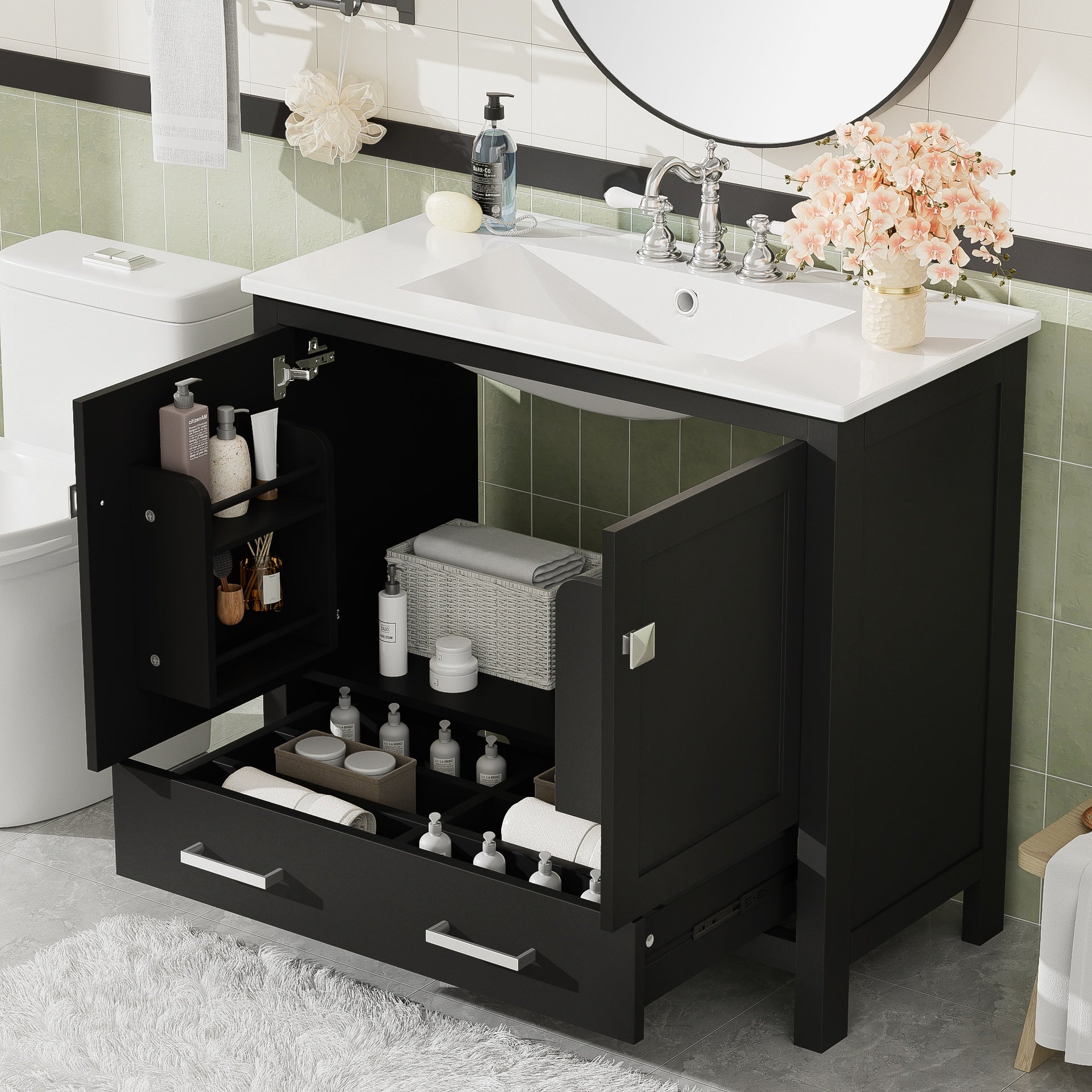 36" Black Bathroom Vanity with Ceramic Sink, Soft-Close Doors, Double Storage Shelves & Divided Drawer – Modern Bathroom Cabinet with Ample Storage