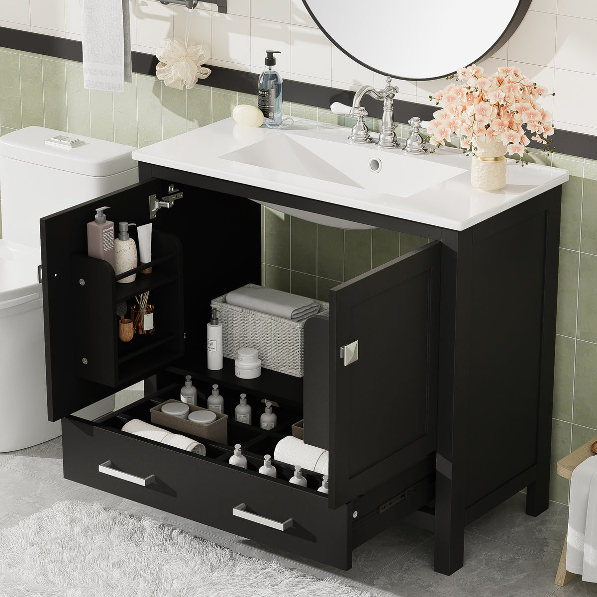 36" Black Bathroom Vanity with Ceramic Sink, Soft-Close Doors, Double Storage Shelves & Divided Drawer – Modern Bathroom Cabinet with Ample Storage