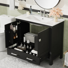 36" Black Bathroom Vanity with Ceramic Sink, Soft-Close Doors, Double Storage Shelves & Divided Drawer – Modern Bathroom Cabinet with Ample Storage