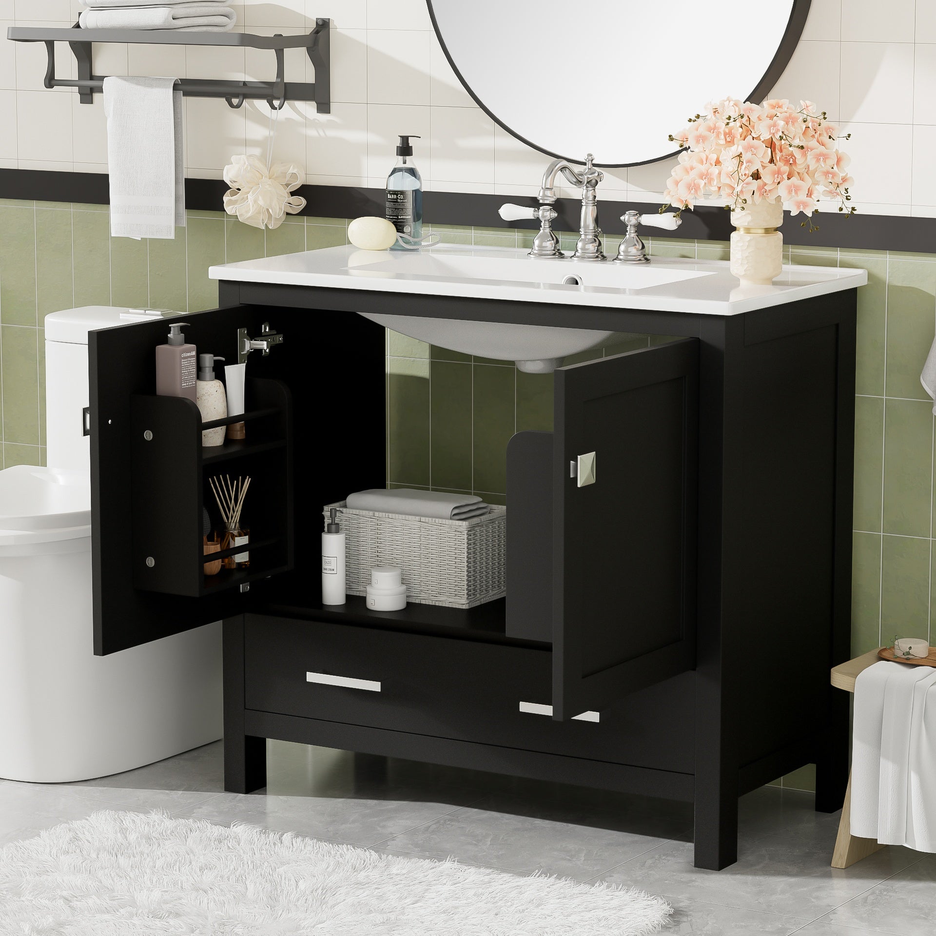 36" Black Bathroom Vanity with Ceramic Sink, Soft-Close Doors, Double Storage Shelves & Divided Drawer – Modern Bathroom Cabinet with Ample Storage