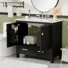 36" Black Bathroom Vanity with Ceramic Sink, Soft-Close Doors, Double Storage Shelves & Divided Drawer – Modern Bathroom Cabinet with Ample Storage