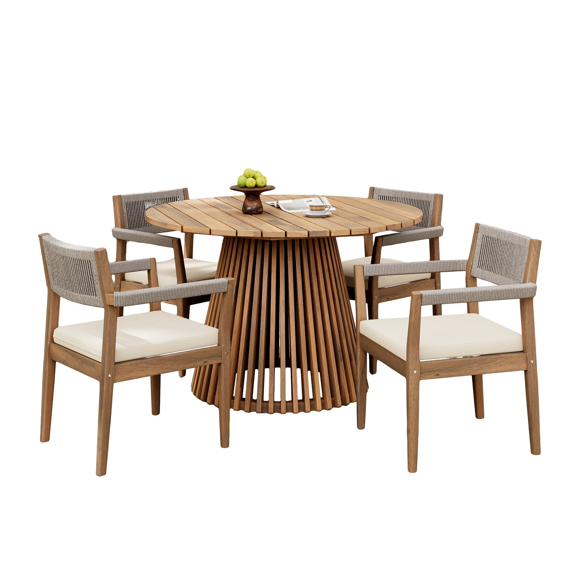 Patio Set Outdoor Acacia Wood Furniture Sets- Braided Dining Chairs(With Cream Cushion)and Patio Dining Table for Garden, Patio & Deck (Teak Look & Beige Rope)