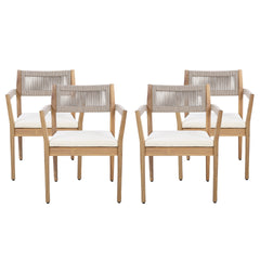 Braided Acacia Wood Outdoor Dining Chairs Set of 6 – Teak Look with Beige Rope & Cream Cushions, Armrests – All-Weather Patio Furniture for Garden, Poolside, and Backyard (Durable & Stylish)