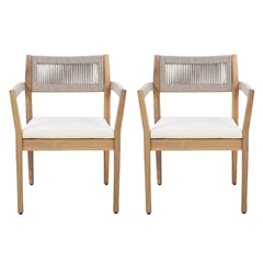Braided Acacia Wood Outdoor Dining Chairs Set of 6 – Teak Look with Beige Rope & Cream Cushions, Armrests – All-Weather Patio Furniture for Garden, Poolside, and Backyard (Durable & Stylish)