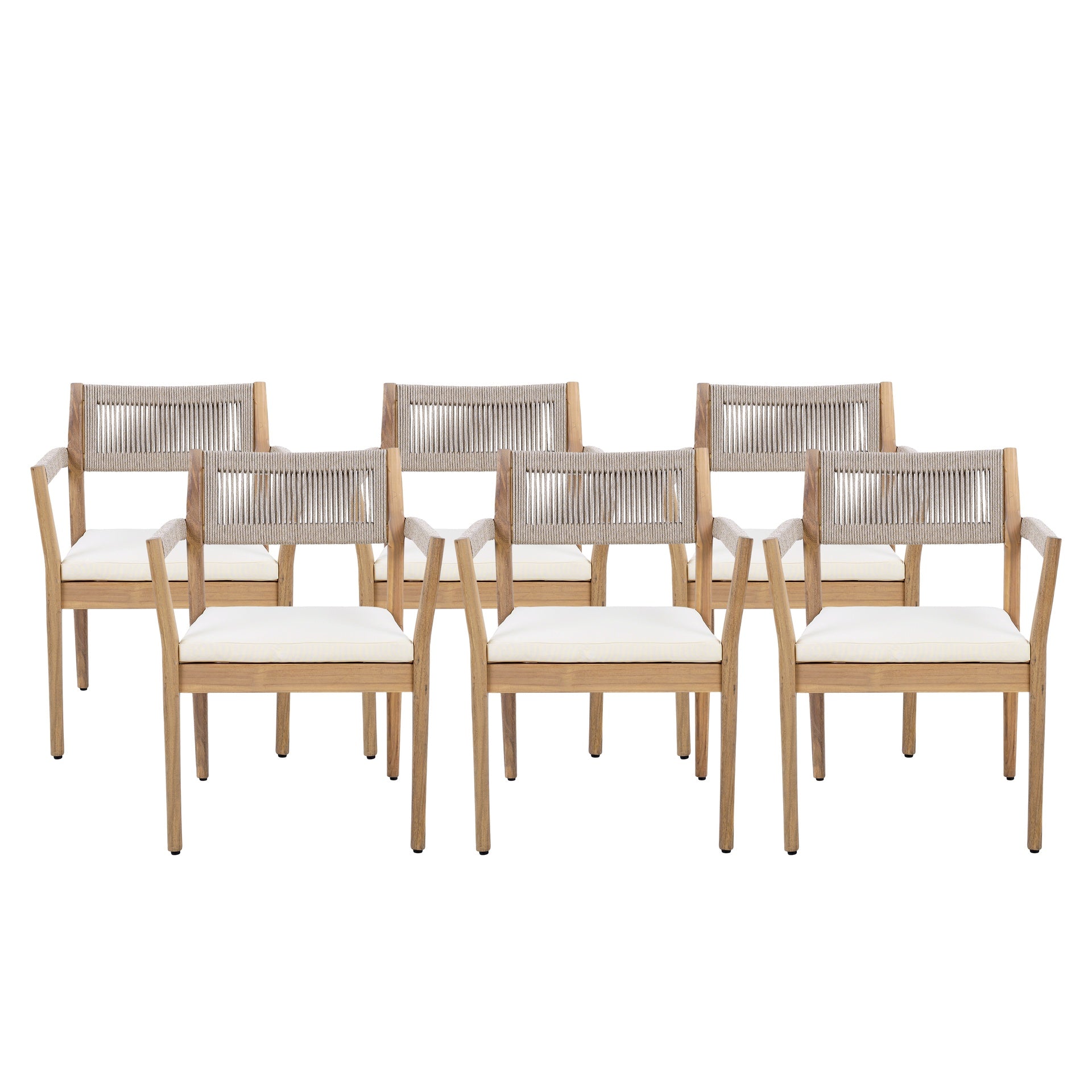 Braided Acacia Wood Outdoor Dining Chairs Set of 6 – Teak Look with Beige Rope & Cream Cushions, Armrests – All-Weather Patio Furniture for Garden, Poolside, and Backyard (Durable & Stylish)