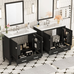 72" Black Bathroom Vanity with Ceramic Sink, Soft-Close Doors, Double Storage Shelves & Divided Drawer – Modern Bathroom Cabinet with Ample Storage