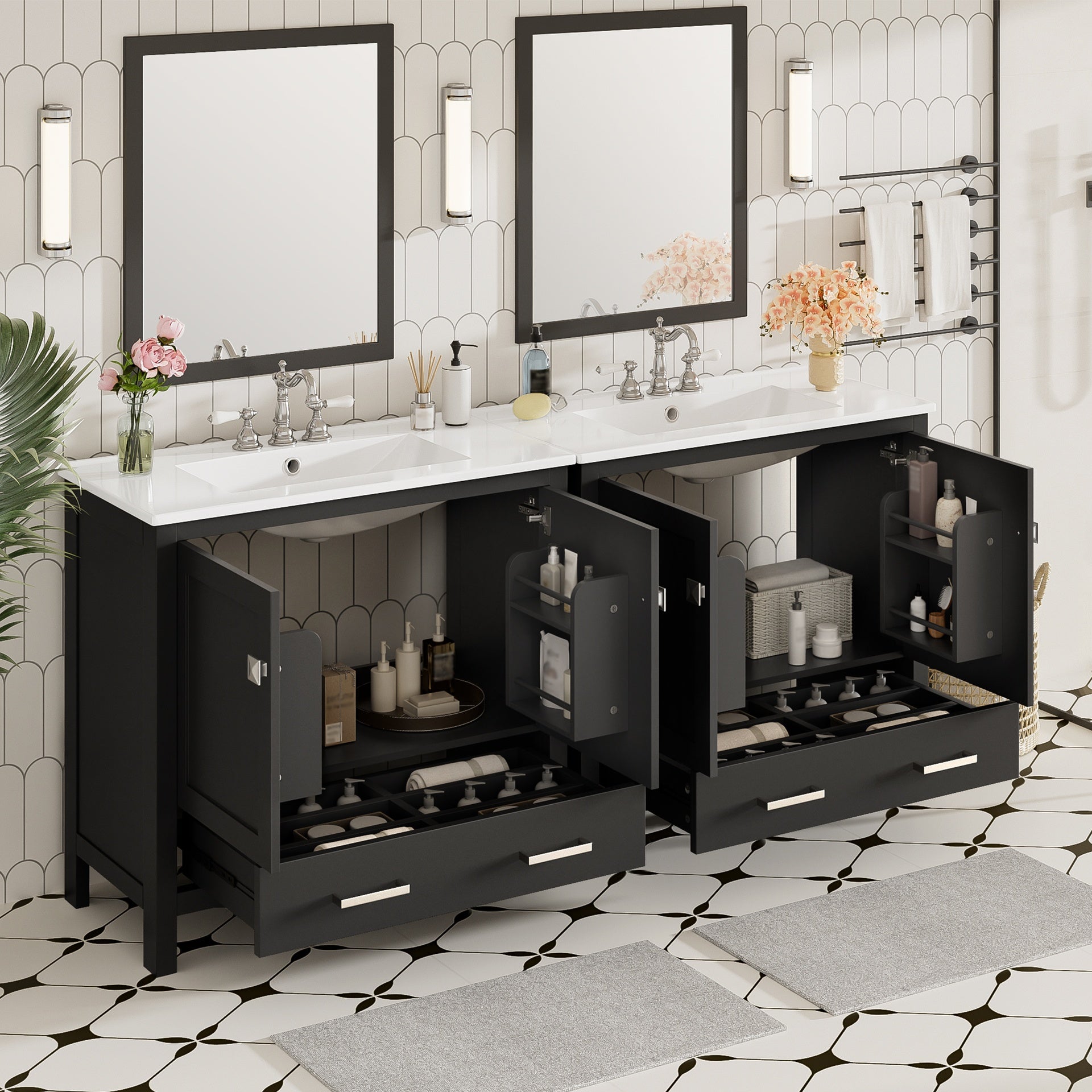 72" Black Bathroom Vanity with Ceramic Sink, Soft-Close Doors, Double Storage Shelves & Divided Drawer – Modern Bathroom Cabinet with Ample Storage