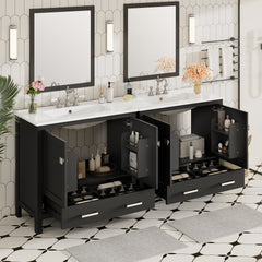 72" Black Bathroom Vanity with Ceramic Sink, Soft-Close Doors, Double Storage Shelves & Divided Drawer – Modern Bathroom Cabinet with Ample Storage
